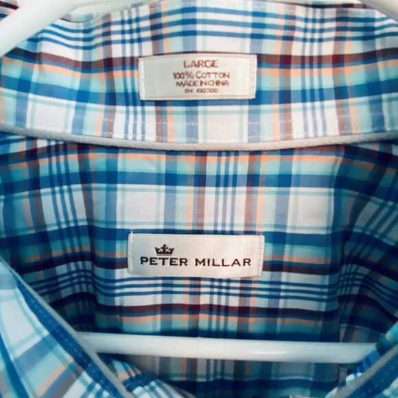 Peter Millar Shirt Mens Size Large All Cotton Blue Multi Plaid Button Down L - Picture 3 of 7